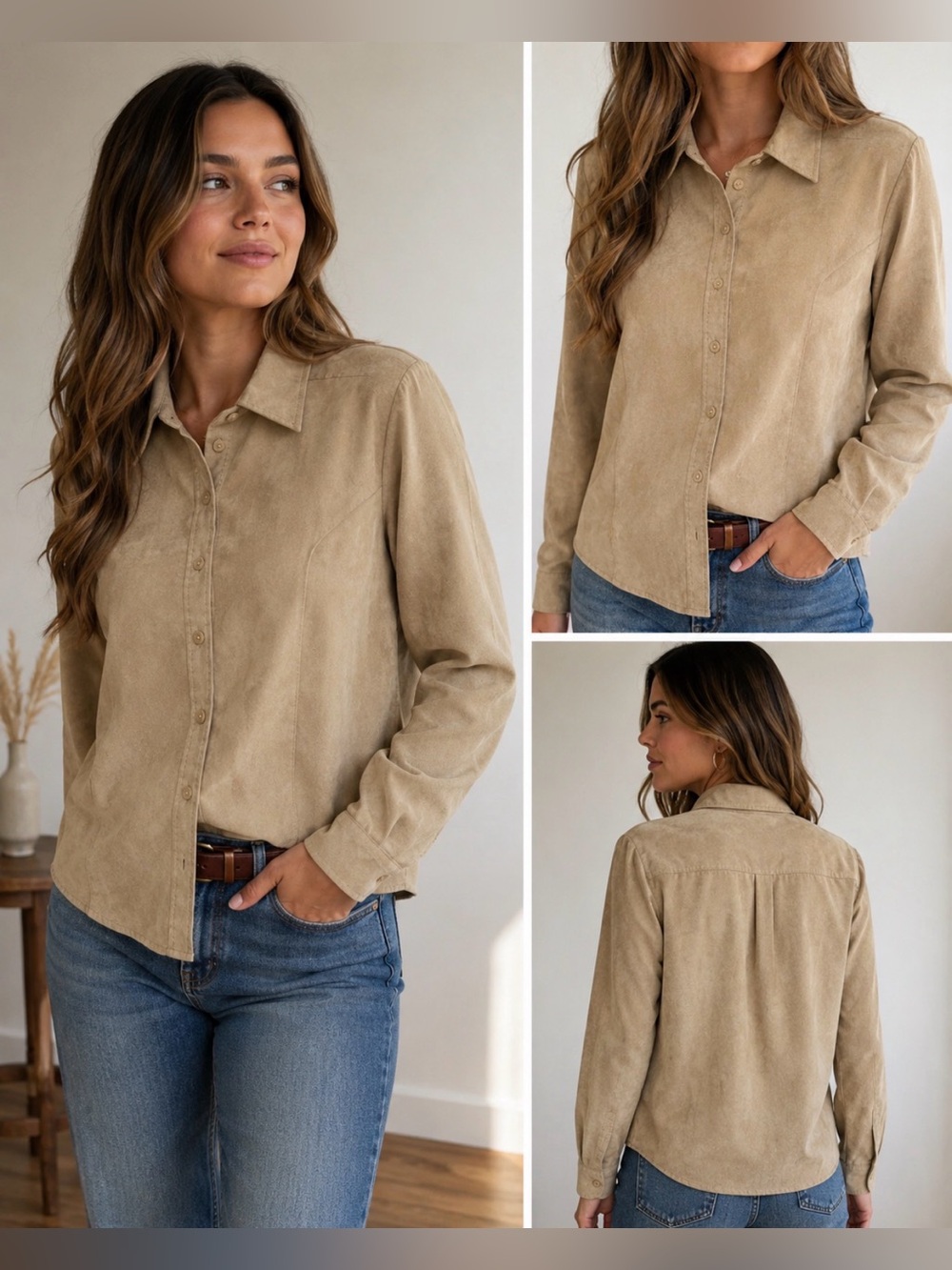 Vintage Suade Inspired Western Style lemon grass tan button down shirt size L